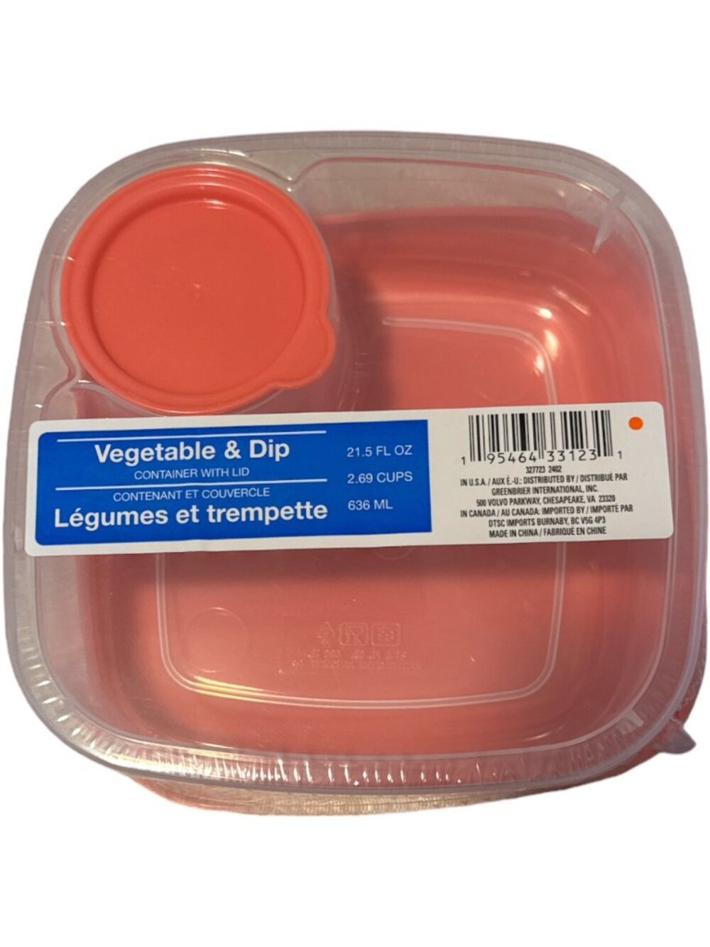 Vegetable Salad & Dip Dressing Container With Lid 21.5 fl. oz Coral new